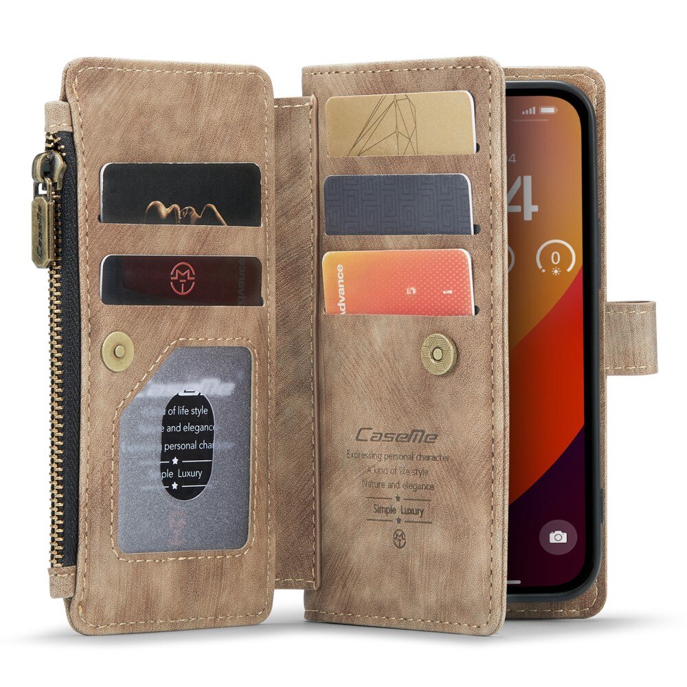 iPhone 16 Pro Zipper Wallet Book Cover Brown