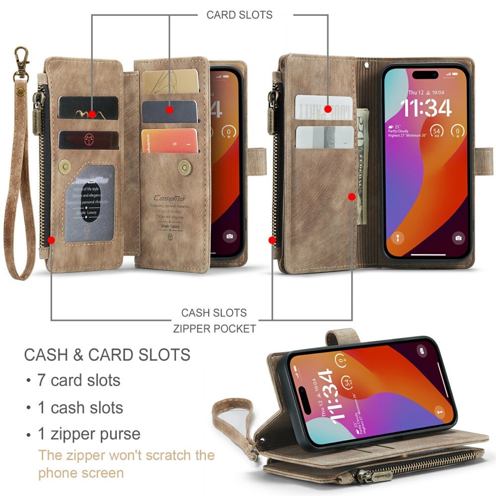 iPhone 16 Pro Zipper Wallet Book Cover Brown