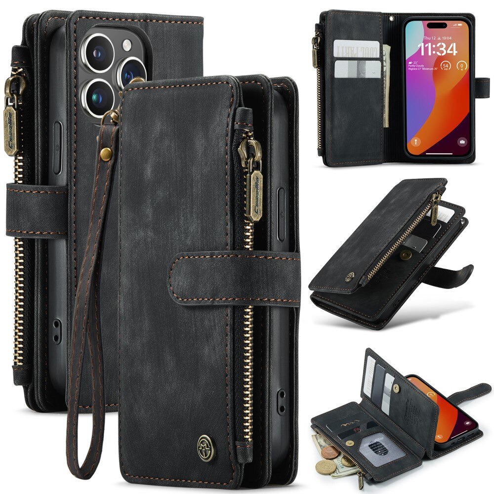 iPhone 16 Pro Zipper Wallet Book Cover Black