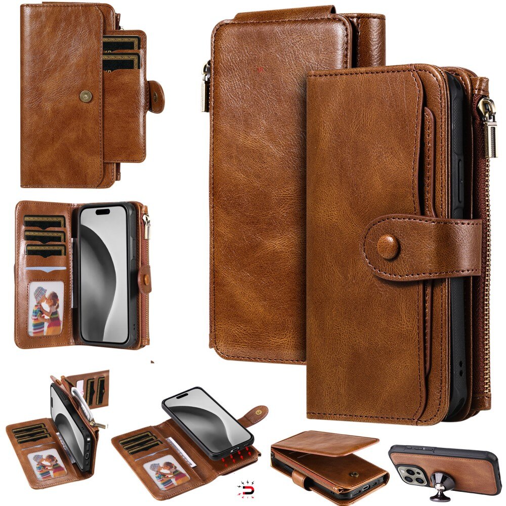 iPhone 16 Pro Magnet Leather Multi Wallet Brown