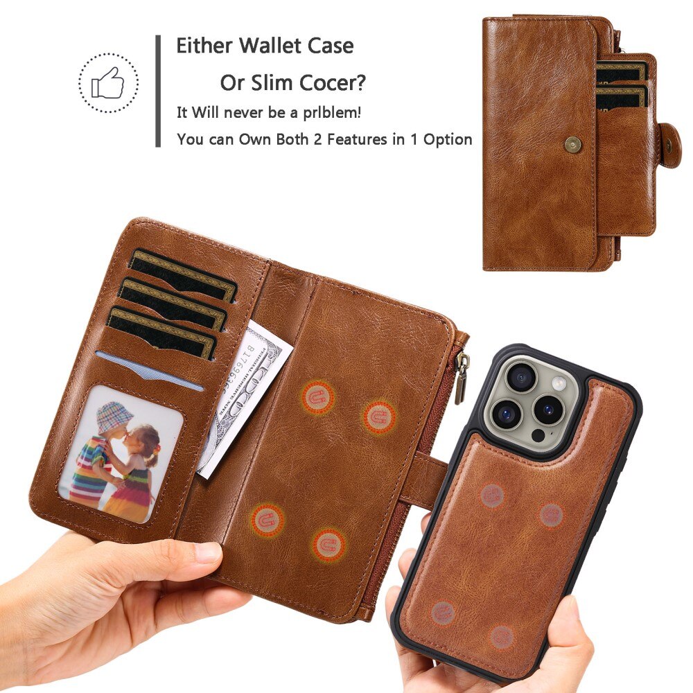 iPhone 16 Pro Magnet Leather Multi Wallet Brown