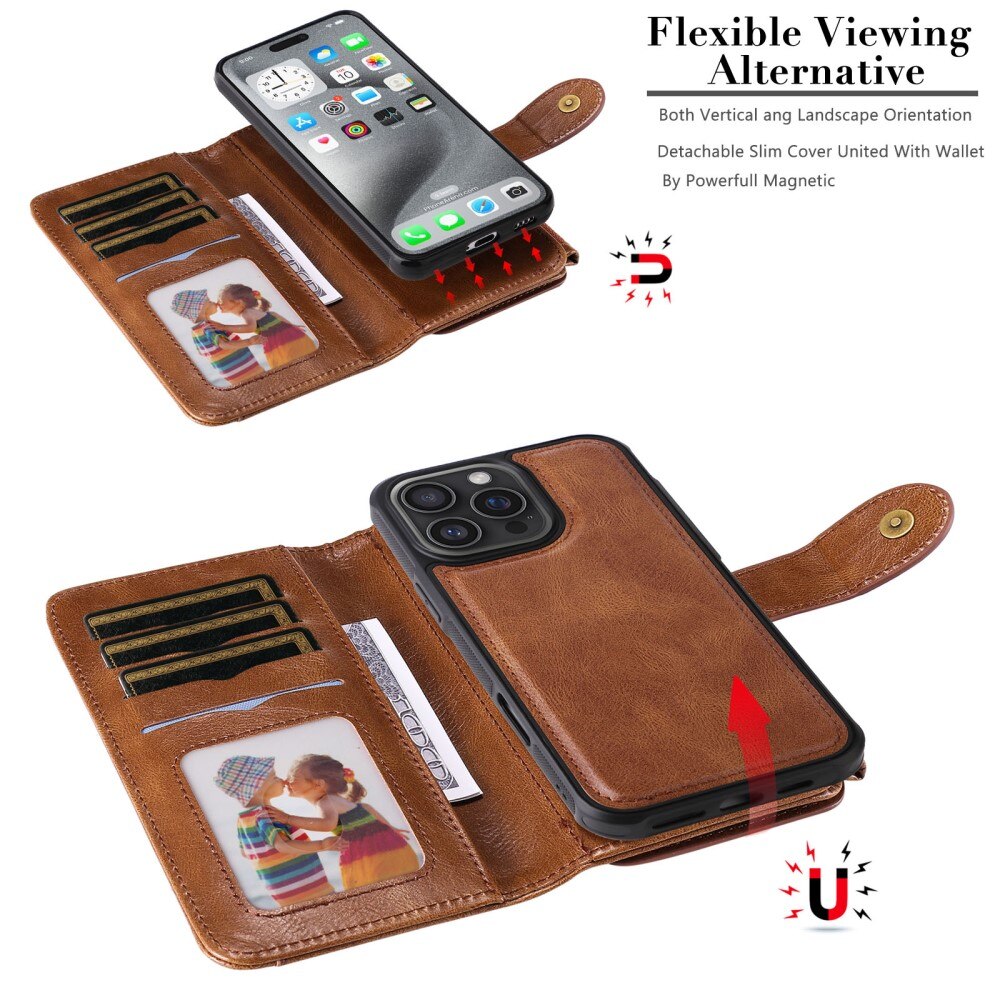 iPhone 16 Pro Max Magnet Leather Multi Wallet Brown