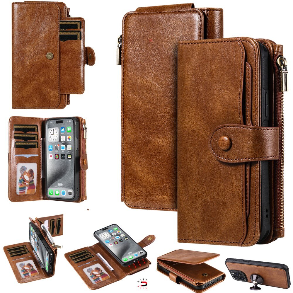 iPhone 16 Pro Max Magnet Leather Multi Wallet Brown