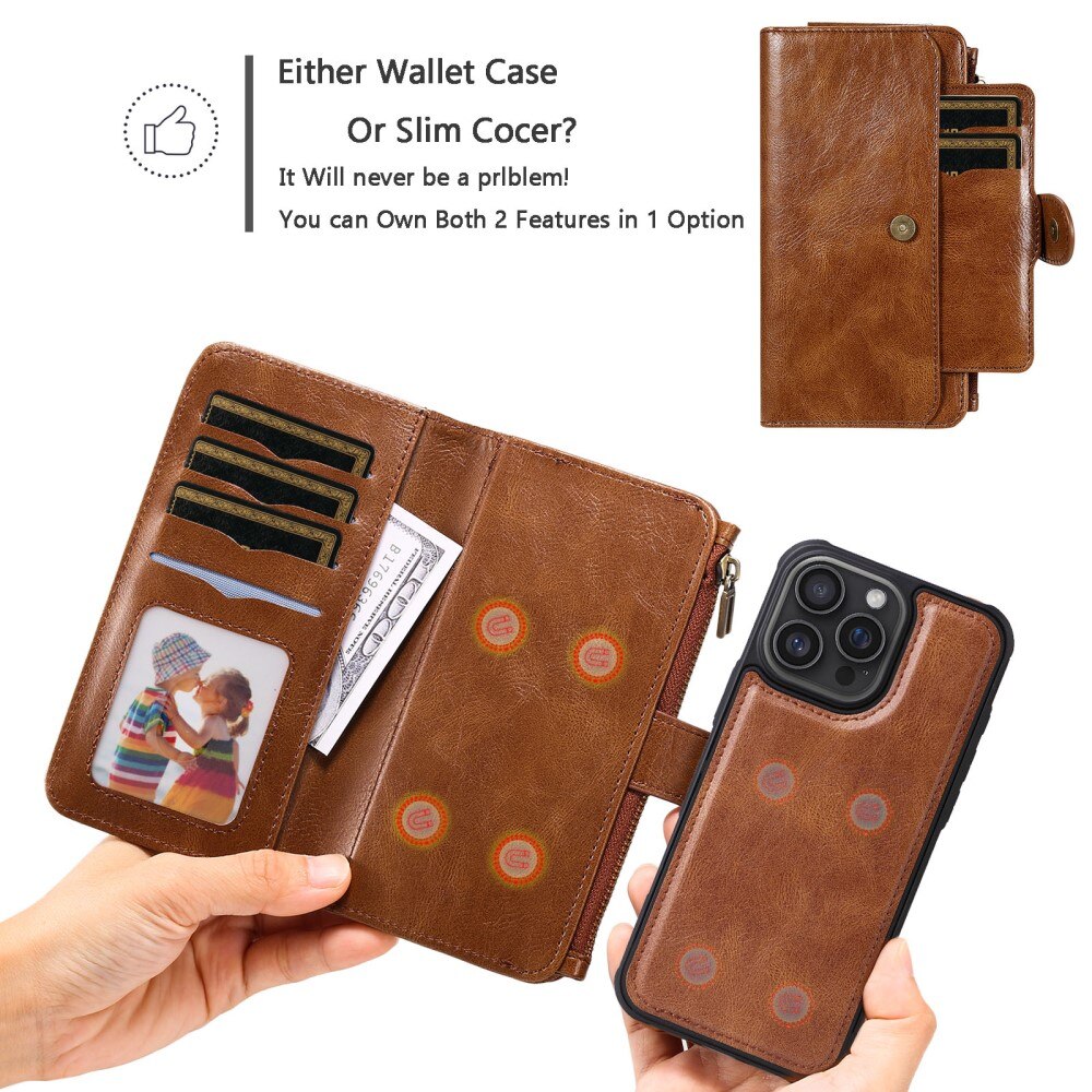 iPhone 16 Pro Max Magnet Leather Multi Wallet Brown