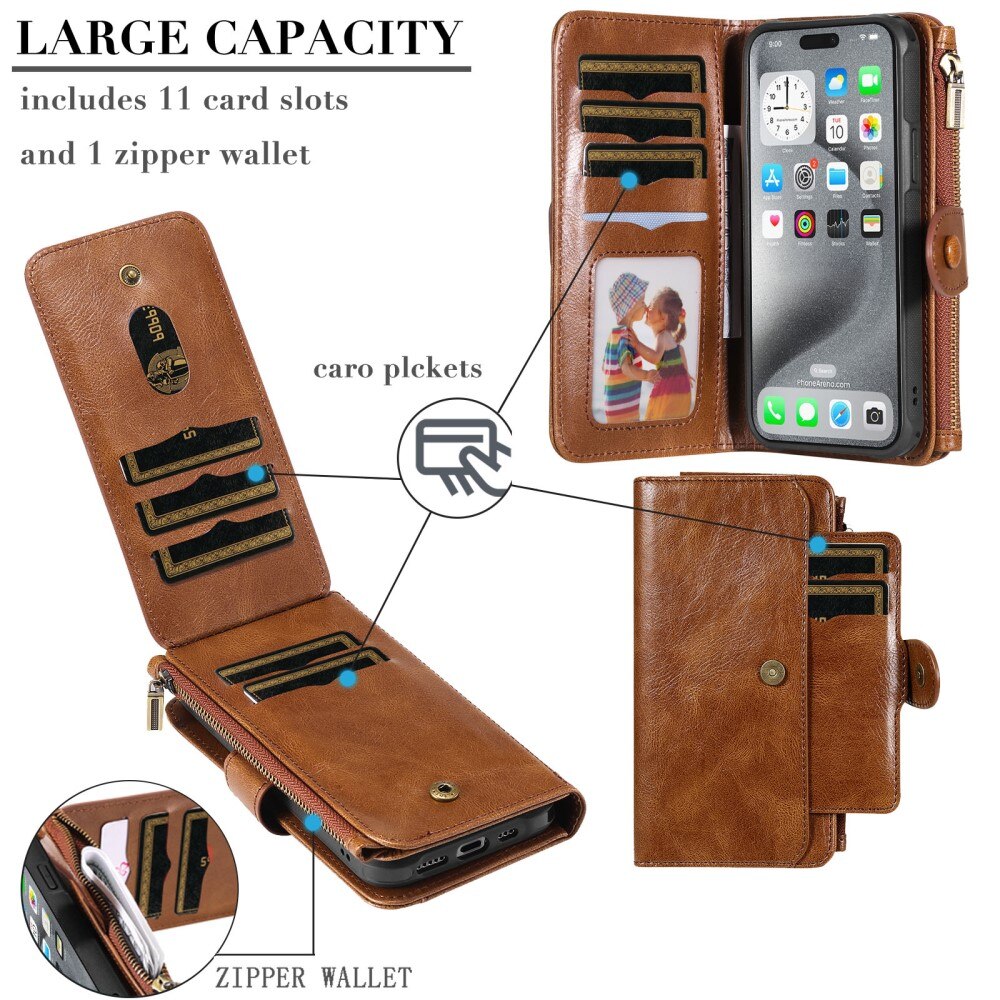 iPhone 16 Pro Max Magnet Leather Multi Wallet Brown