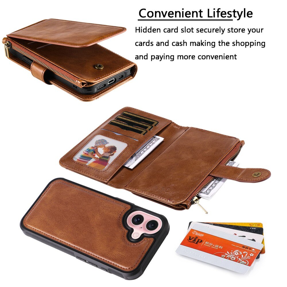 iPhone 16 Magnet Leather Multi Wallet Brown