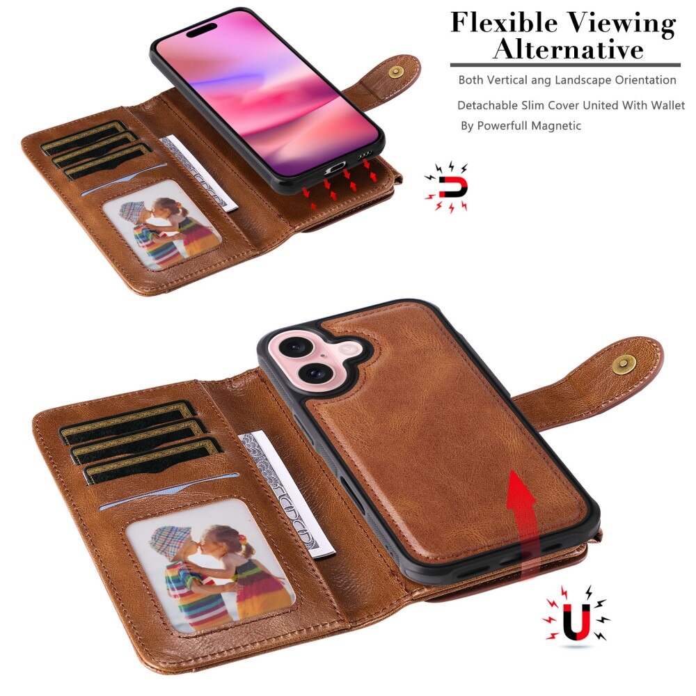 iPhone 16 Magnet Leather Multi Wallet Brown