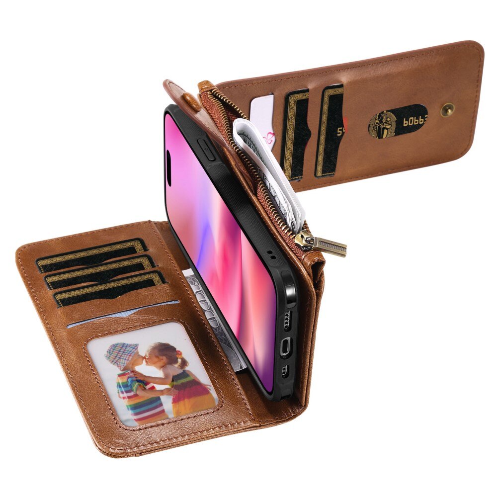 iPhone 16 Magnet Leather Multi Wallet Brown