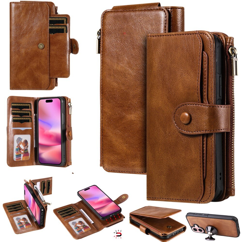 iPhone 16 Magnet Leather Multi Wallet Brown