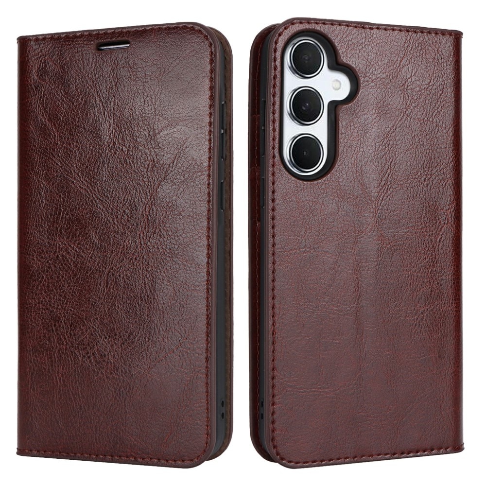 Samsung Galaxy S24 FE Genuine Leather Wallet Case Dark Brown