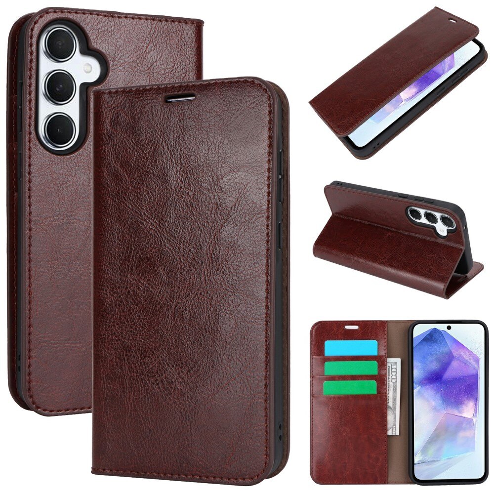 Samsung Galaxy S24 FE Genuine Leather Wallet Case Dark Brown