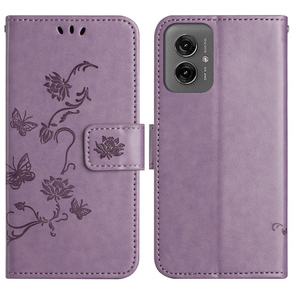 Motorola Moto G55 Leather Cover Imprinted Butterflies Purple