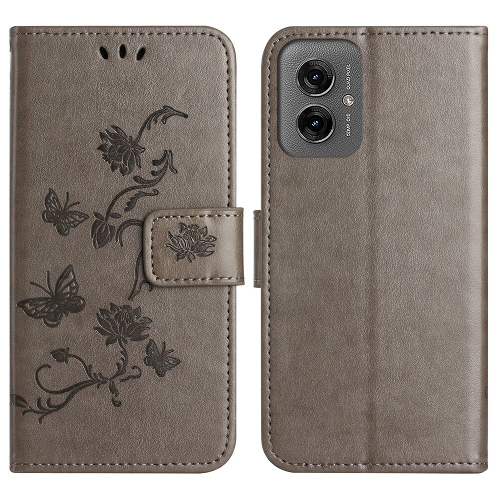 Motorola Moto G55 Leather Cover Imprinted Butterflies Grey