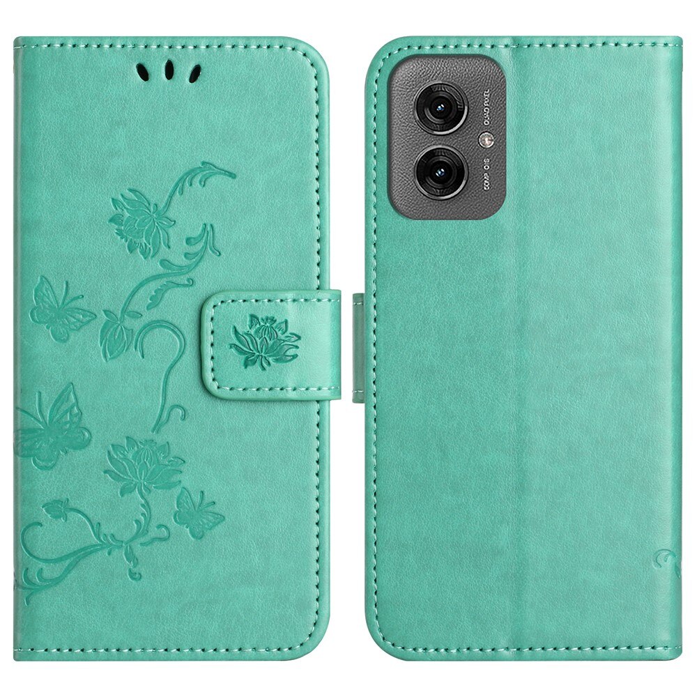 Motorola Moto G55 Leather Cover Imprinted Butterflies Green