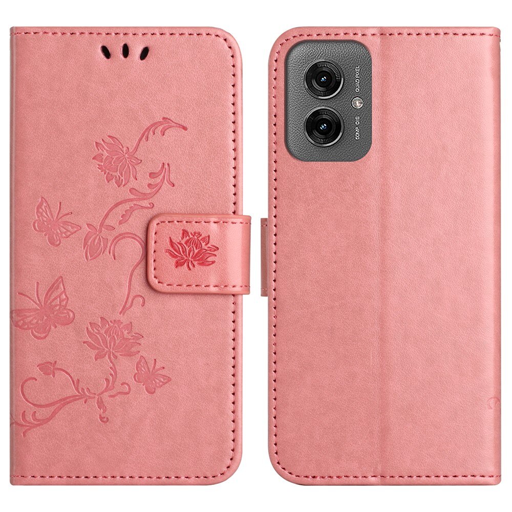 Motorola Moto G55 Leather Cover Imprinted Butterflies Pink