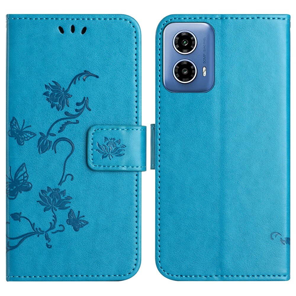 Motorola Moto G35 Leather Cover Imprinted Butterflies Blue