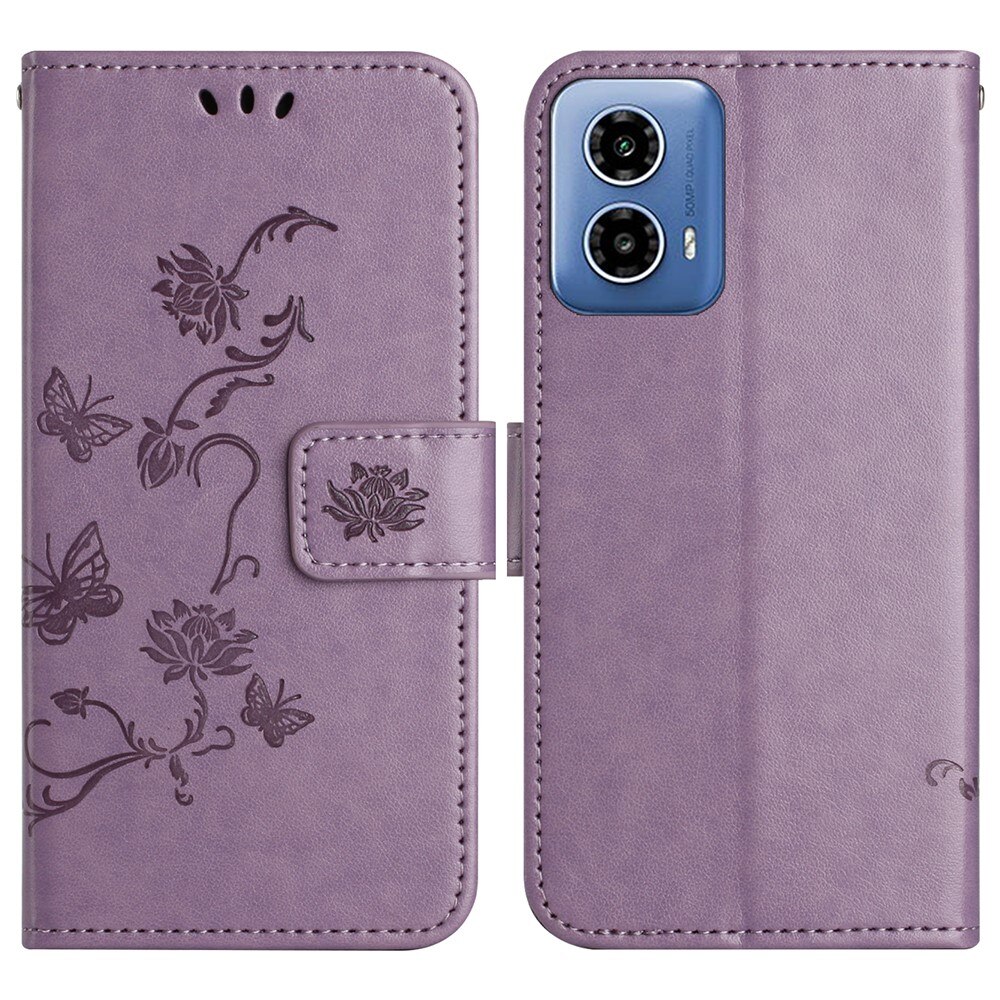 Motorola Moto G35 Leather Cover Imprinted Butterflies Purple