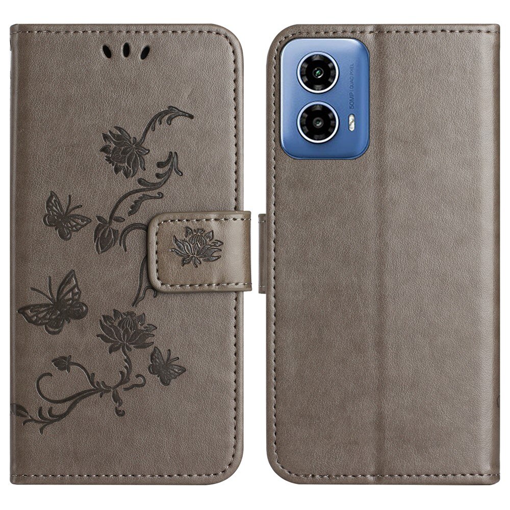 Motorola Moto G35 Leather Cover Imprinted Butterflies Grey