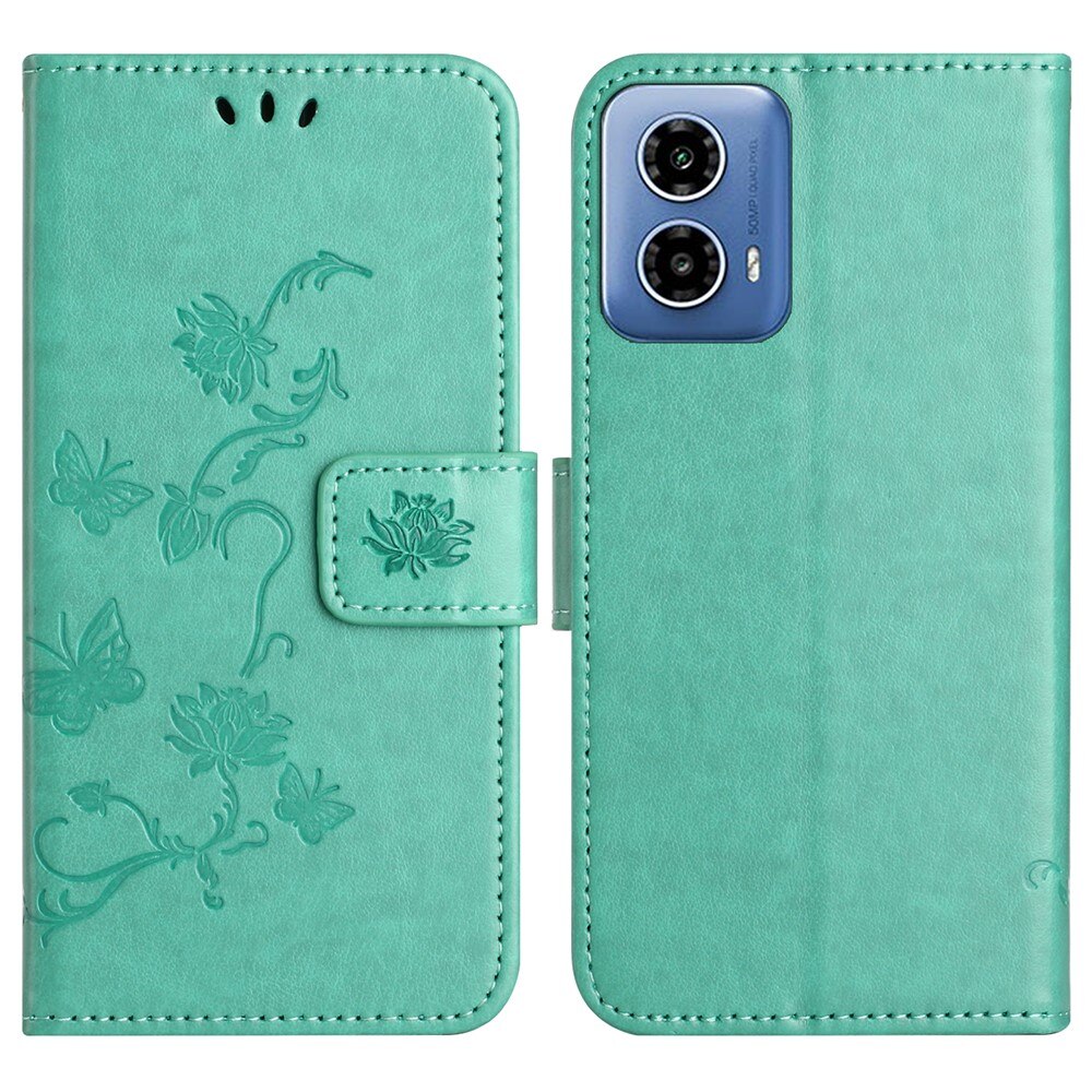 Motorola Moto G35 Leather Cover Imprinted Butterflies Green