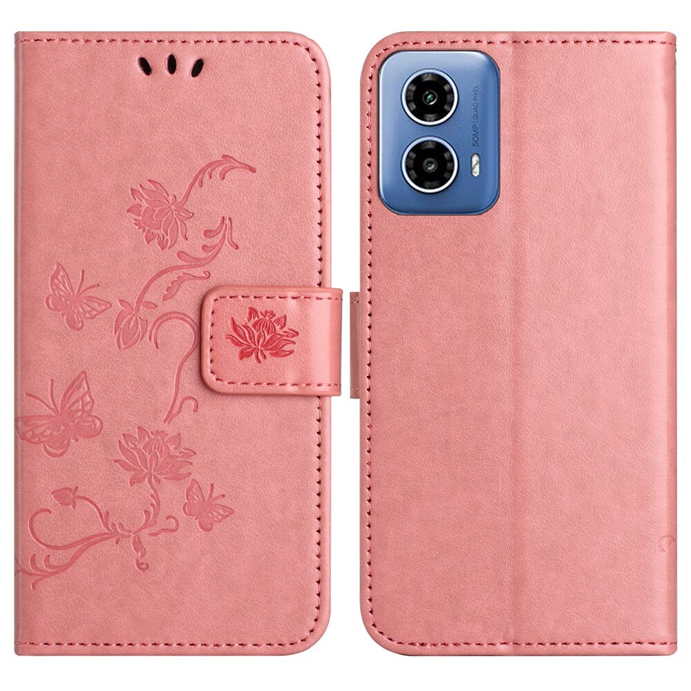 Motorola Moto G35 Leather Cover Imprinted Butterflies Pink