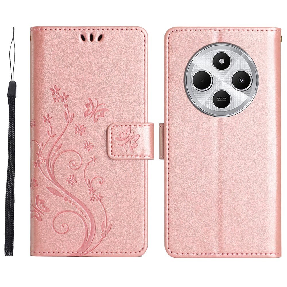 Xiaomi Redmi 14C Leather Cover Imprinted Butterflies Rose Gold