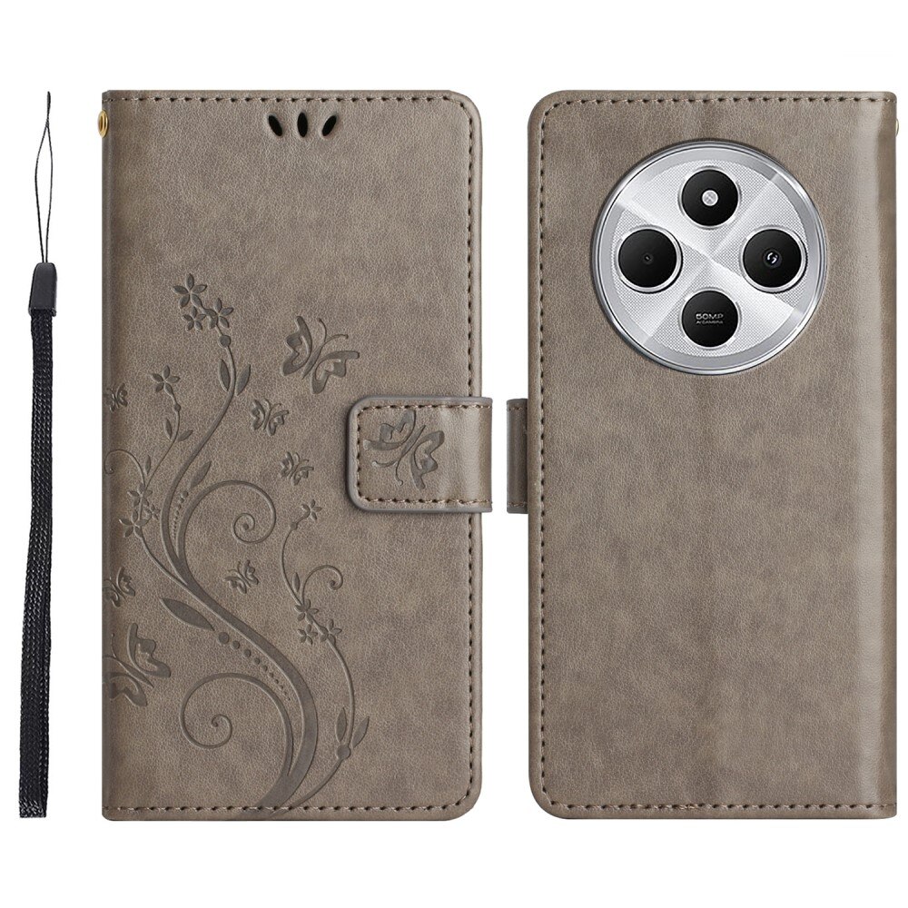 Xiaomi Redmi 14C Leather Cover Imprinted Butterflies Grey