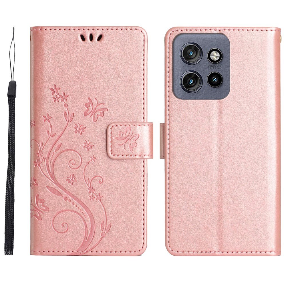 Motorola Edge 50 Neo Leather Cover Imprinted Butterflies Pink Gold