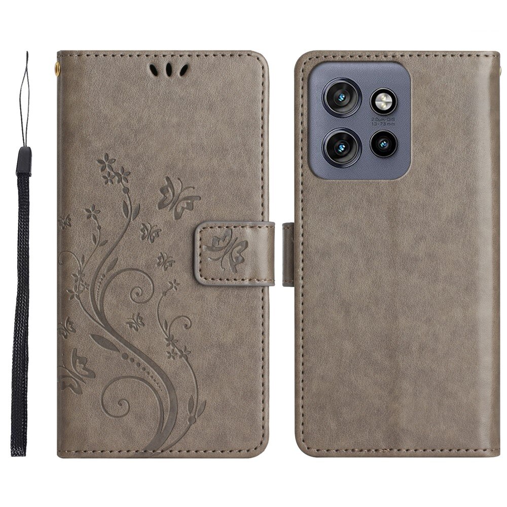 Motorola Edge 50 Neo Leather Cover Imprinted Butterflies Grey