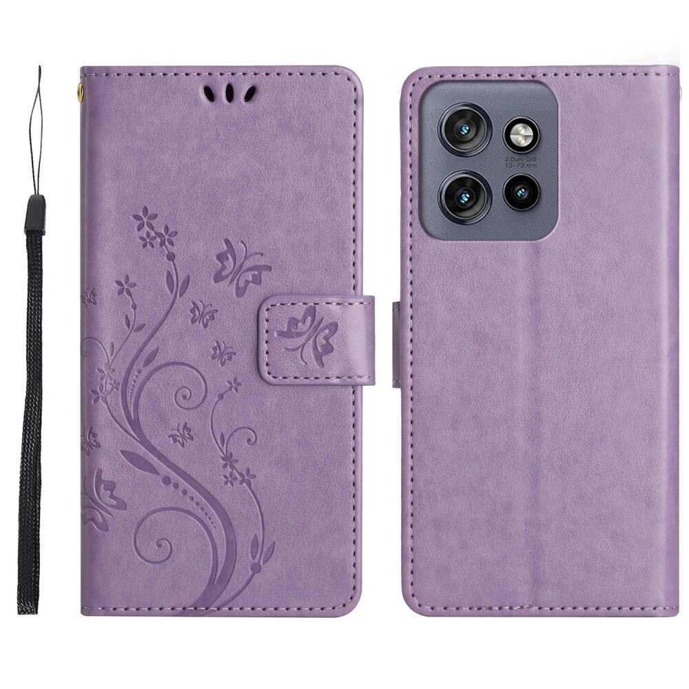 Motorola Edge 50 Neo Leather Cover Imprinted Butterflies Purple