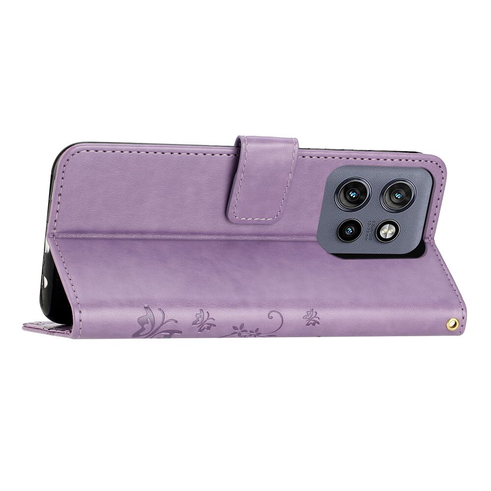 Motorola Edge 50 Neo Leather Cover Imprinted Butterflies Purple