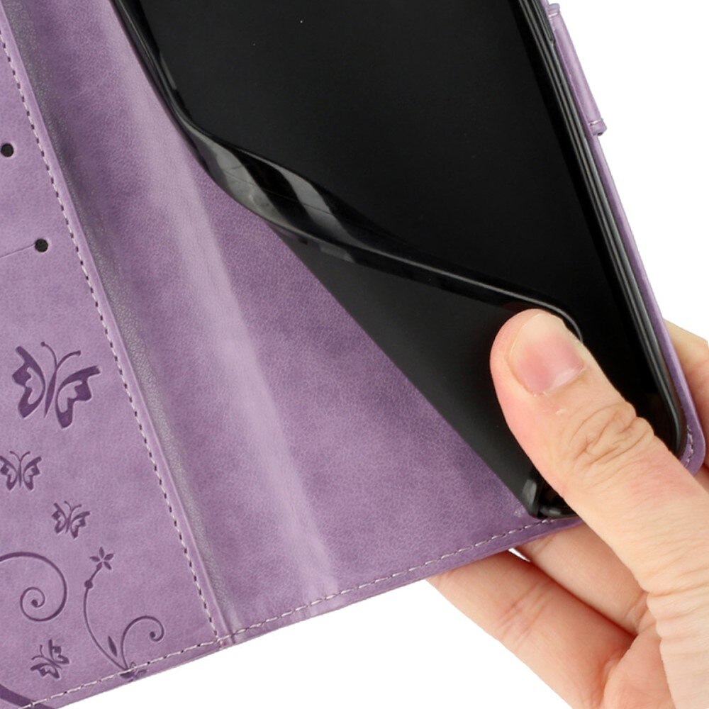 Motorola Edge 50 Neo Leather Cover Imprinted Butterflies Purple