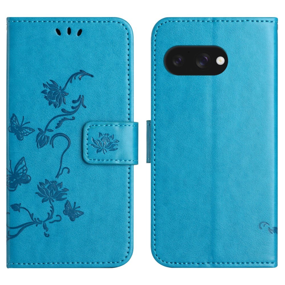 Google Pixel 9a Leather Cover Imprinted Butterflies Blue