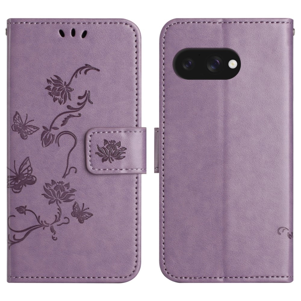 Google Pixel 9a Leather Cover Imprinted Butterflies Purple