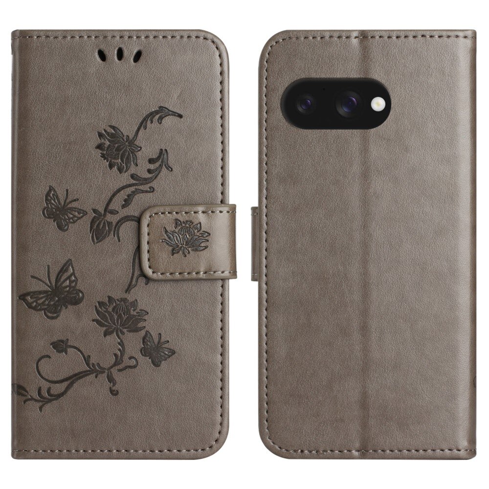 Google Pixel 9a Leather Cover Imprinted Butterflies Grey