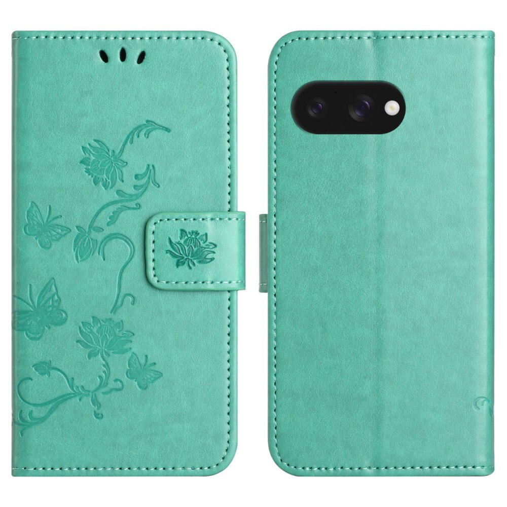 Google Pixel 9a Leather Cover Imprinted Butterflies Green