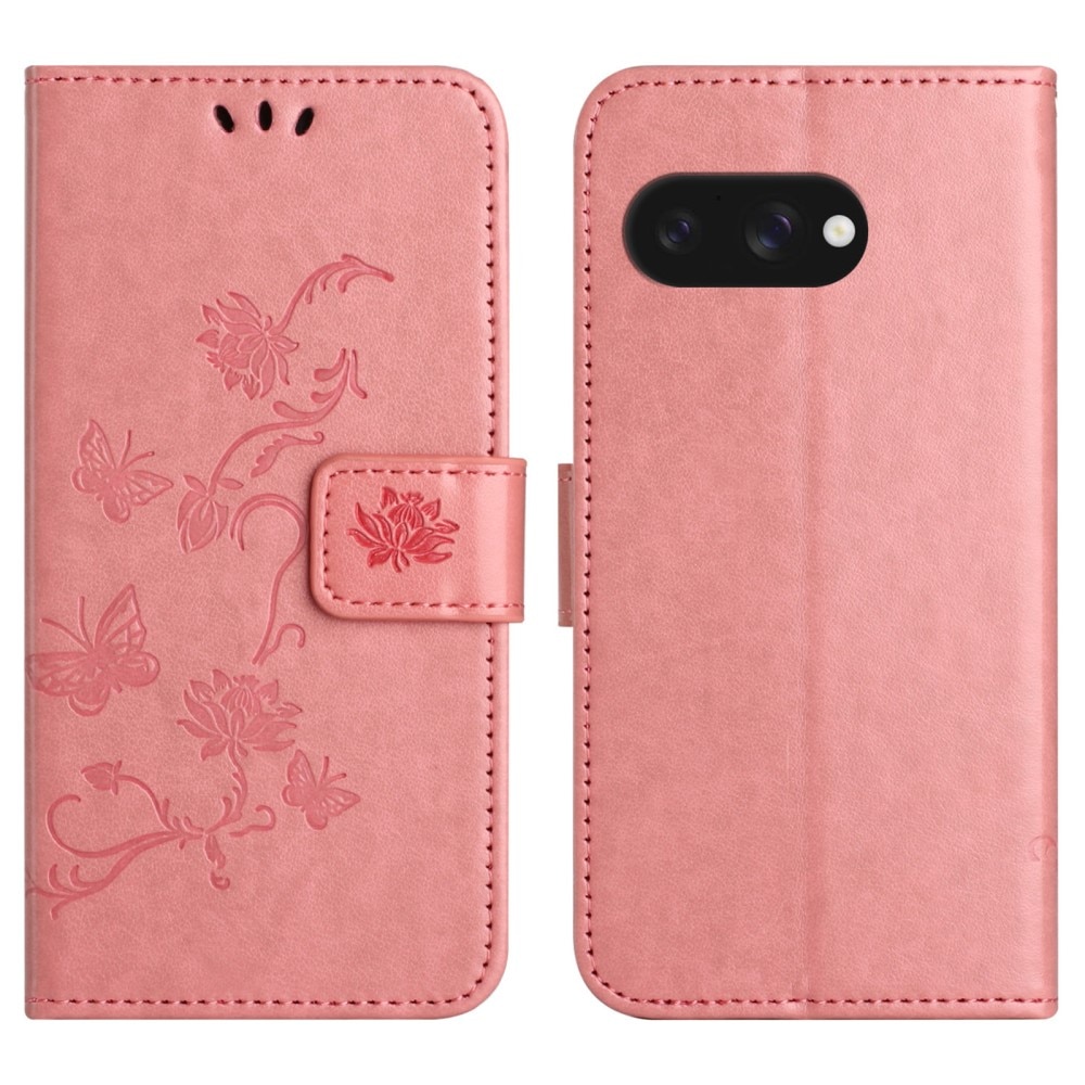 Google Pixel 9a Leather Cover Imprinted Butterflies Pink