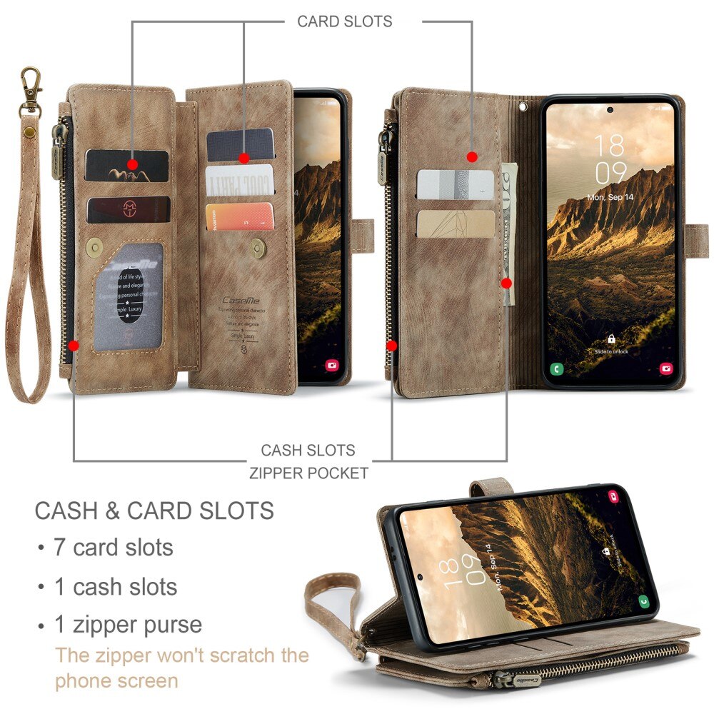 Samsung Galaxy S25 Zipper Wallet Book Cover Brown