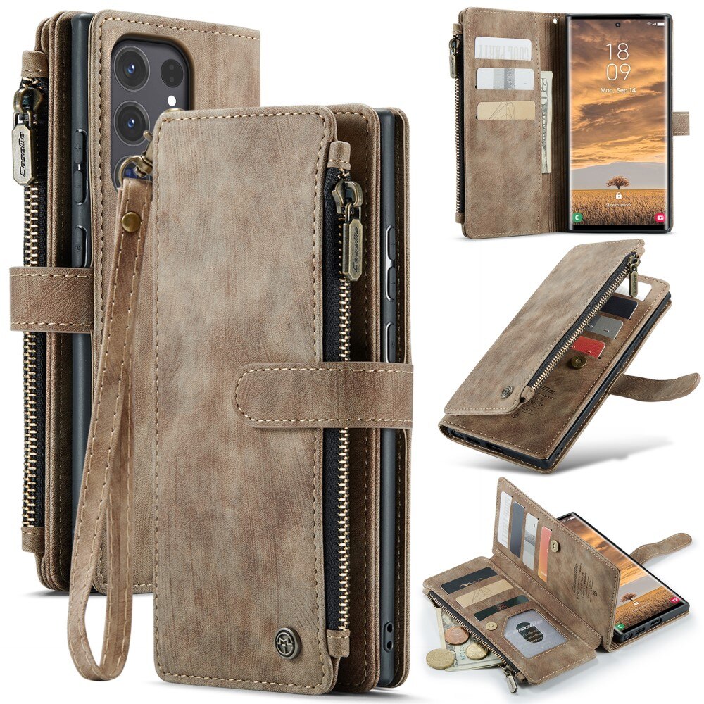 Samsung Galaxy S25 Ultra Zipper Wallet Book Cover Brown