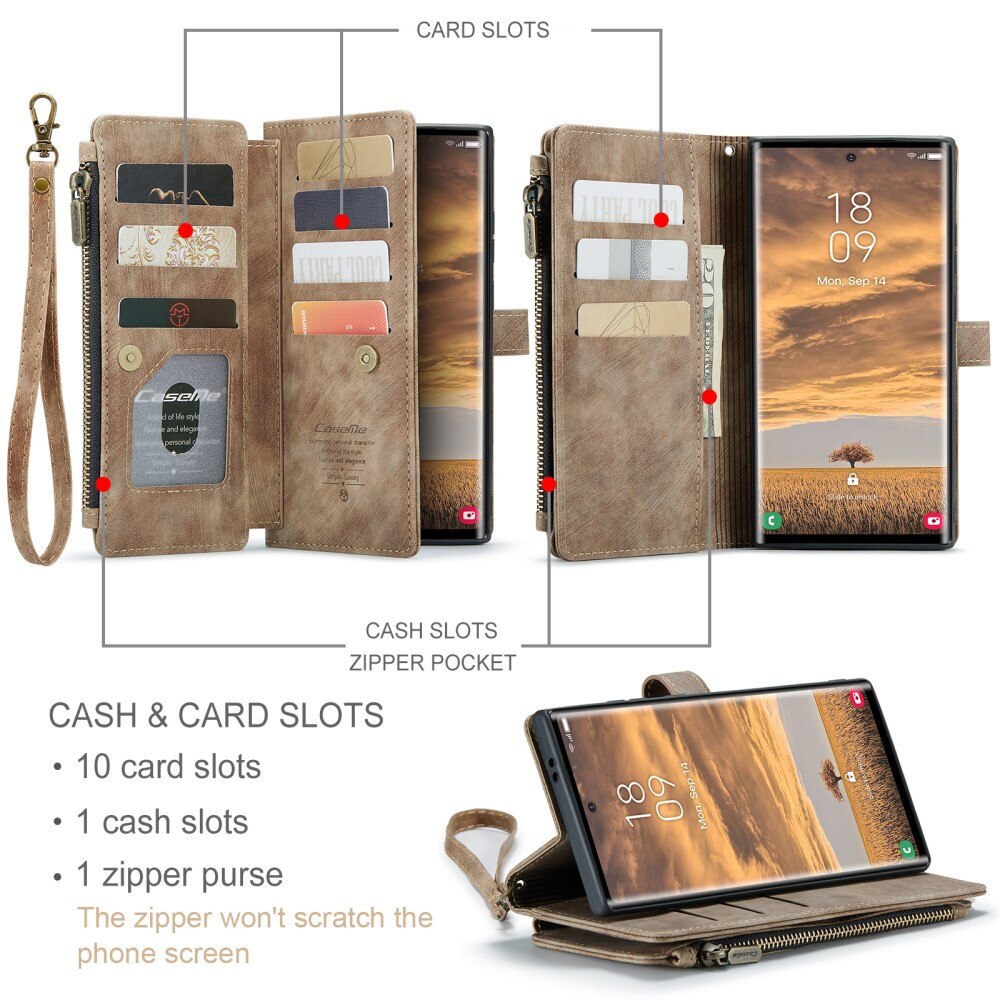 Samsung Galaxy S25 Ultra Zipper Wallet Book Cover Brown