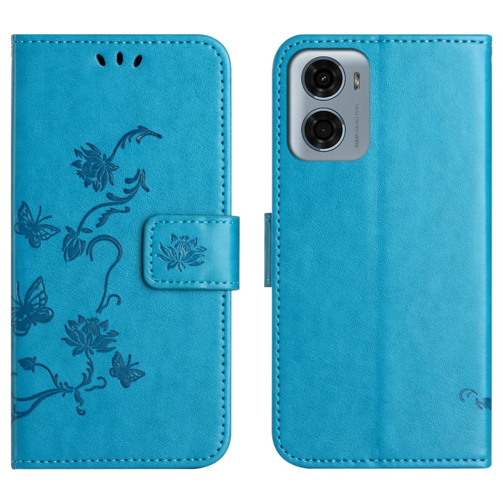 Motorola Moto E15 Leather Cover Imprinted Butterflies Blue