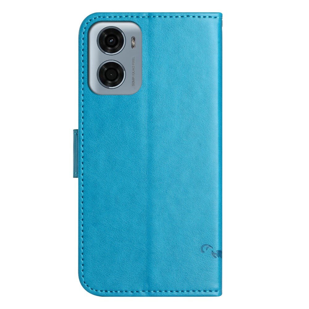 Motorola Moto E15 Leather Cover Imprinted Butterflies Blue