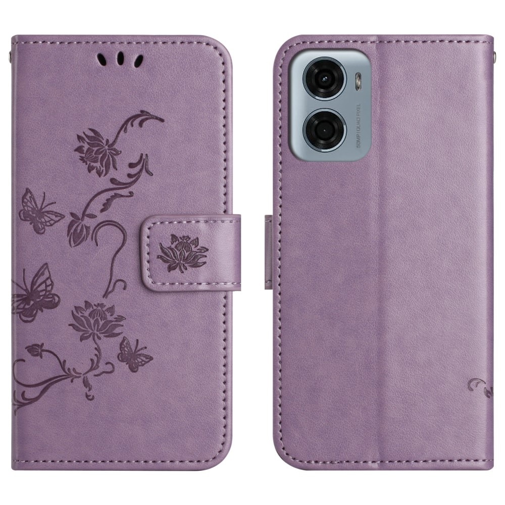 Motorola Moto E15 Leather Cover Imprinted Butterflies Purple