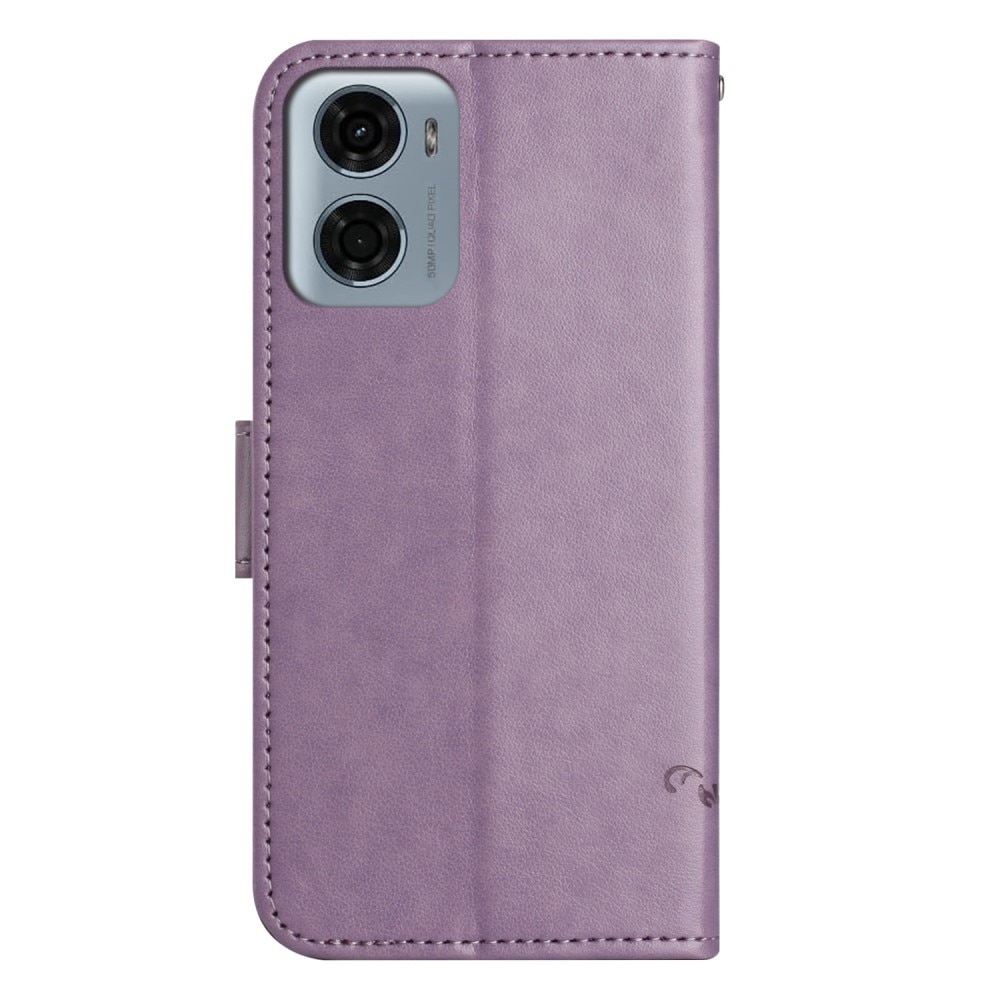 Motorola Moto E15 Leather Cover Imprinted Butterflies Purple