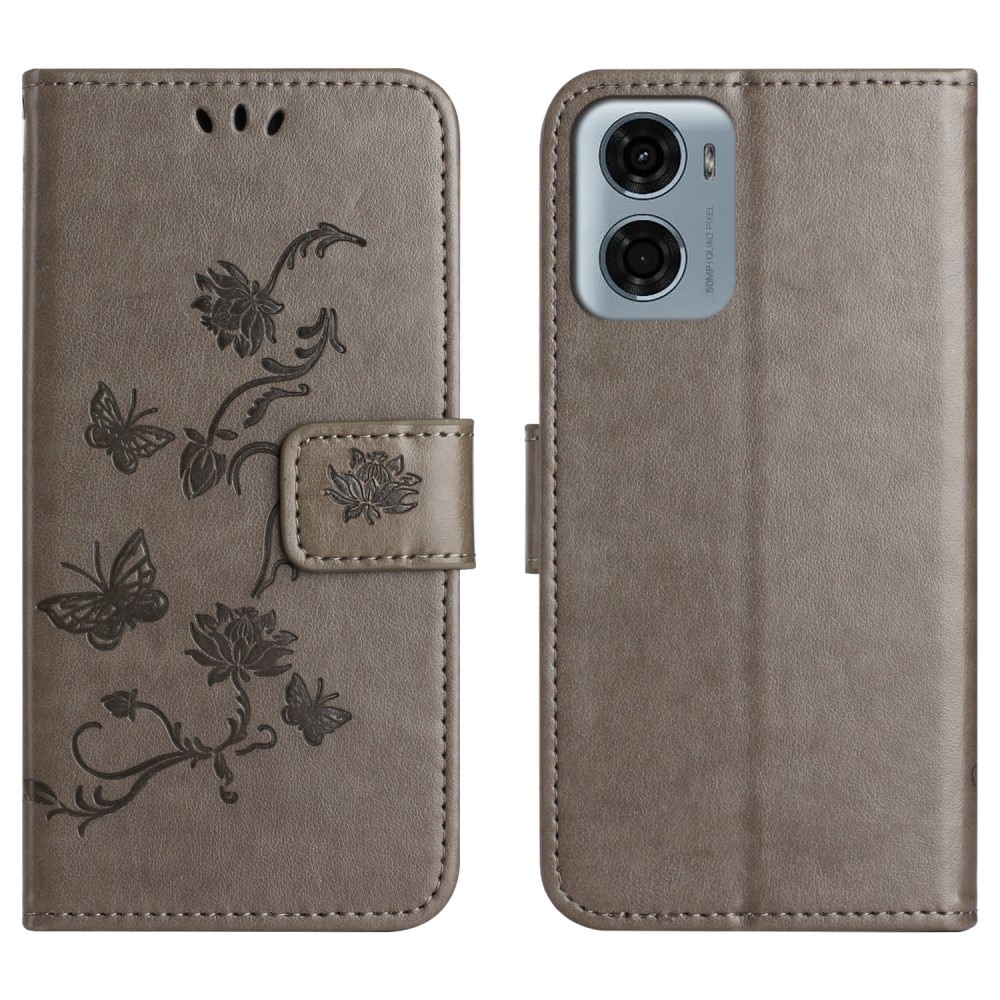 Motorola Moto E15 Leather Cover Imprinted Butterflies Grey