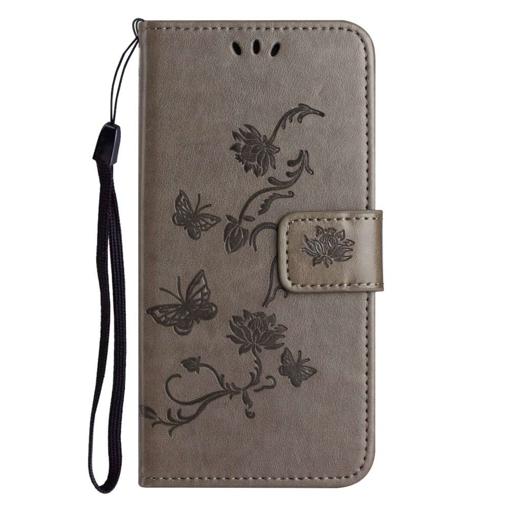 Motorola Moto E15 Leather Cover Imprinted Butterflies Grey