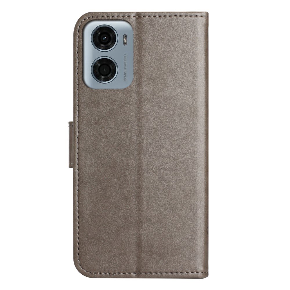 Motorola Moto E15 Leather Cover Imprinted Butterflies Grey