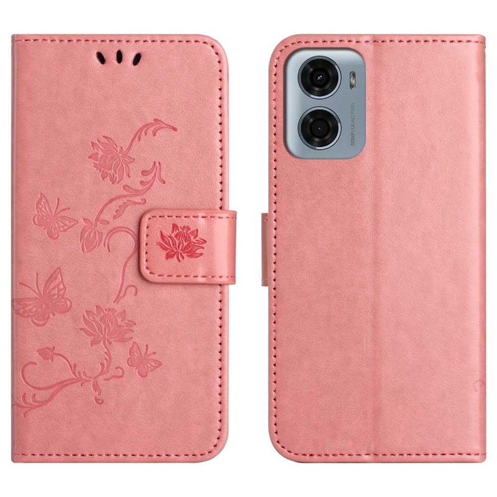 Motorola Moto E15 Leather Cover Imprinted Butterflies Pink