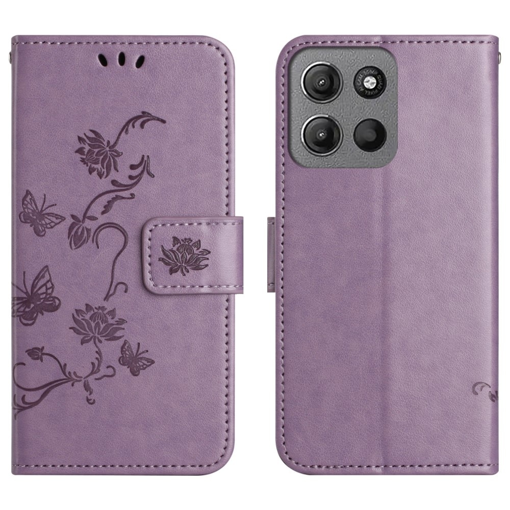 Motorola Moto G15 Power Leather Cover Imprinted Butterflies Purple