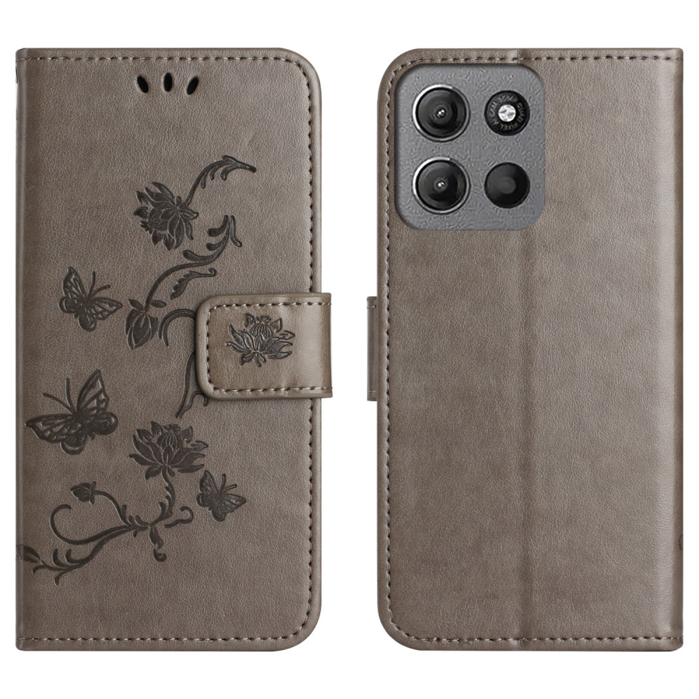 Motorola Moto G15 Leather Cover Imprinted Butterflies Grey