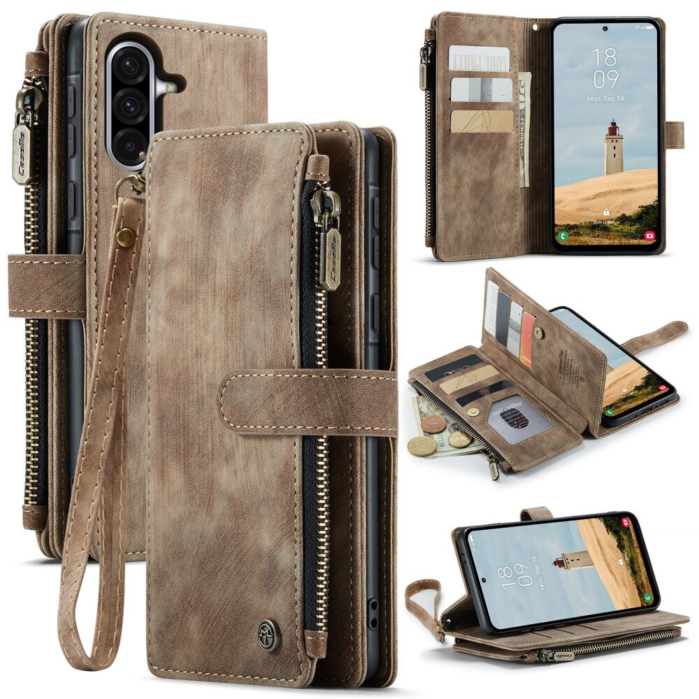 Samsung Galaxy A56 Zipper Wallet Book Cover Brown